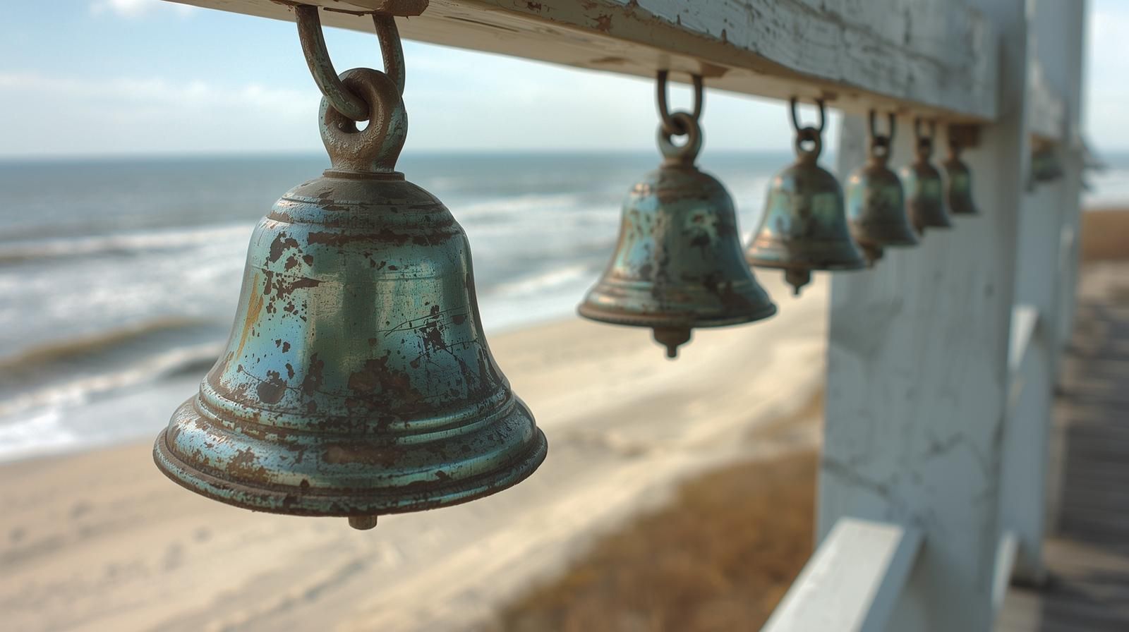 Row of weathered patina brass bells hanging from a white coastal railing overlooking a Texas beach, Gulf Coast Wind Bells origin story